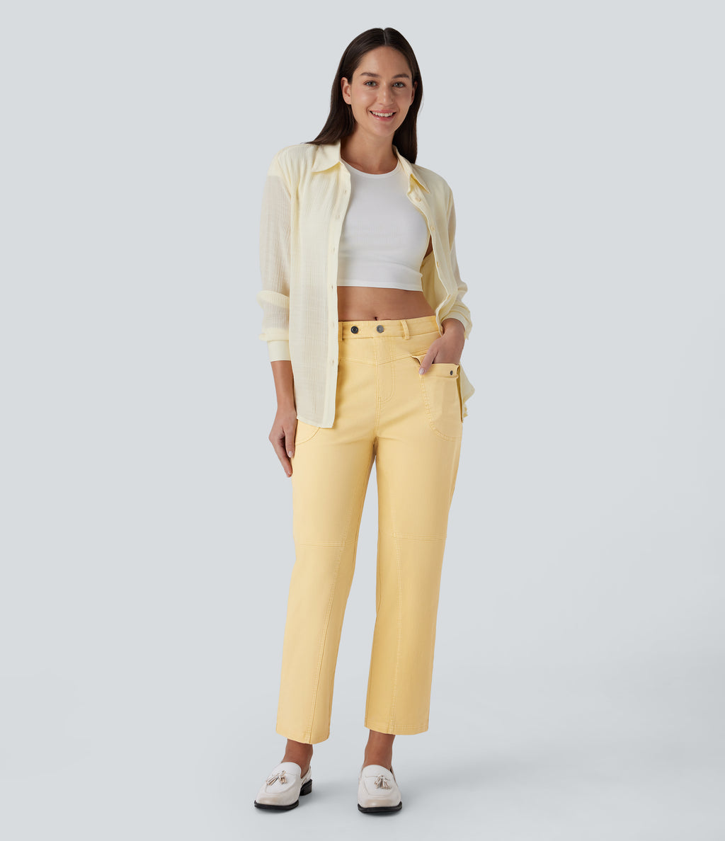 Mid Rise Straight Leg Cargo Casual Cotton Pants with Pockets