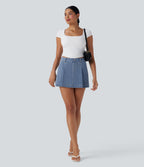 FlexTM High Waisted 2-in-1 Washed Stretchy Knit Denim Casual A-line Skort with Pockets
