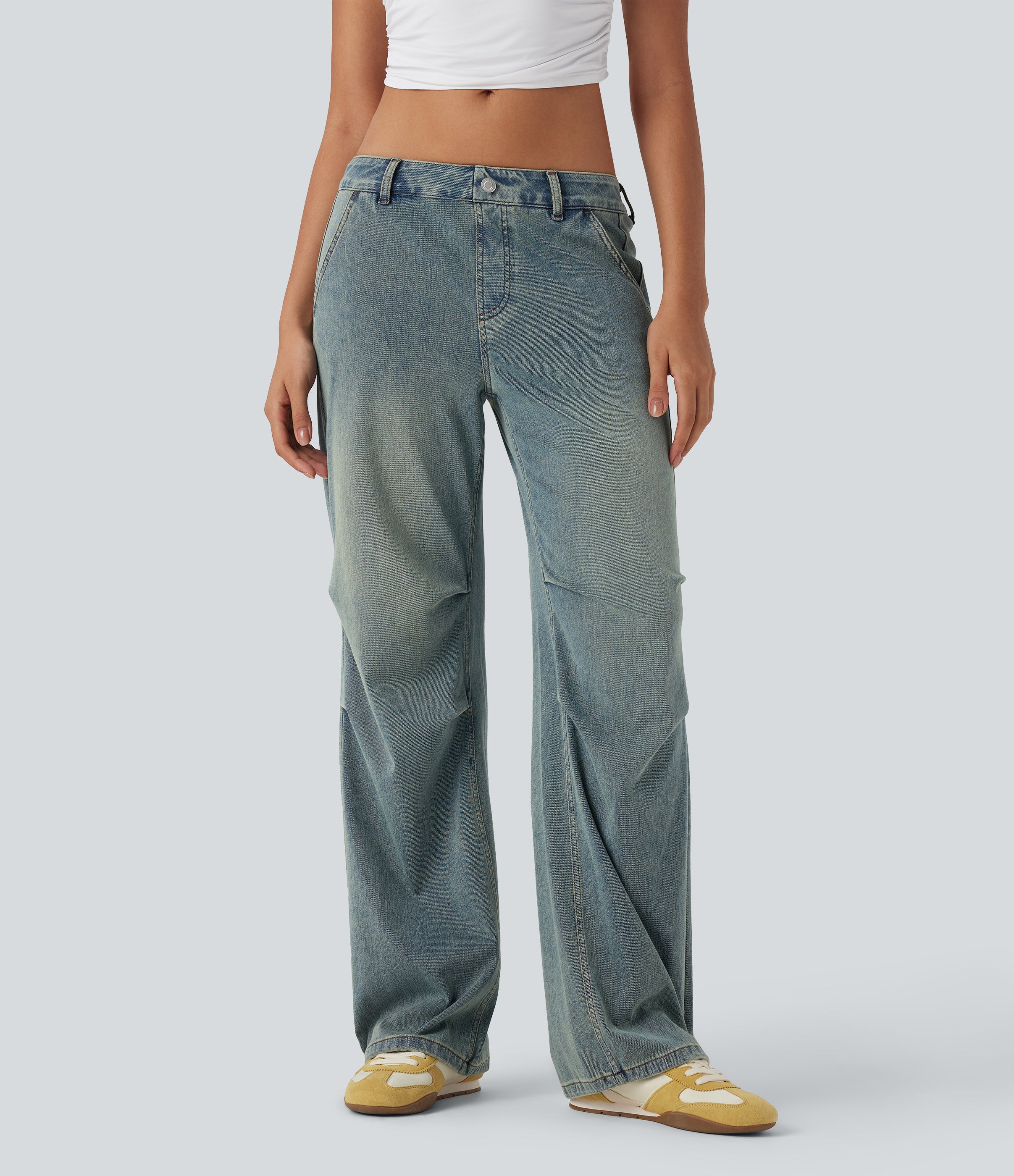 FlexTM Low Rise Adjustable Drawcord Stretchy Knit Casual Parachute Jeans with Multiple Pockets
