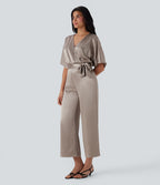 Crossover V Neck Belted Wide Leg Satin-like Work Jumpsuit with Pockets