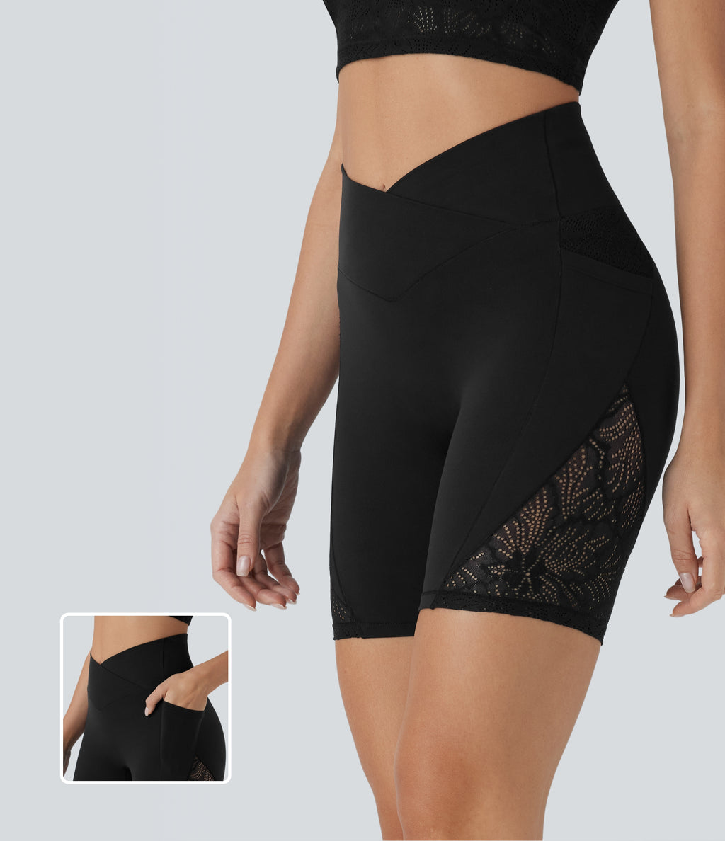SoftlyzeroTM High Waisted Crossover Contrast Lace Yoga Biker Shorts 7'' with Pockets-UPF50+