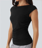 Boat Neck Cap Sleeve Ruched Casual Top
