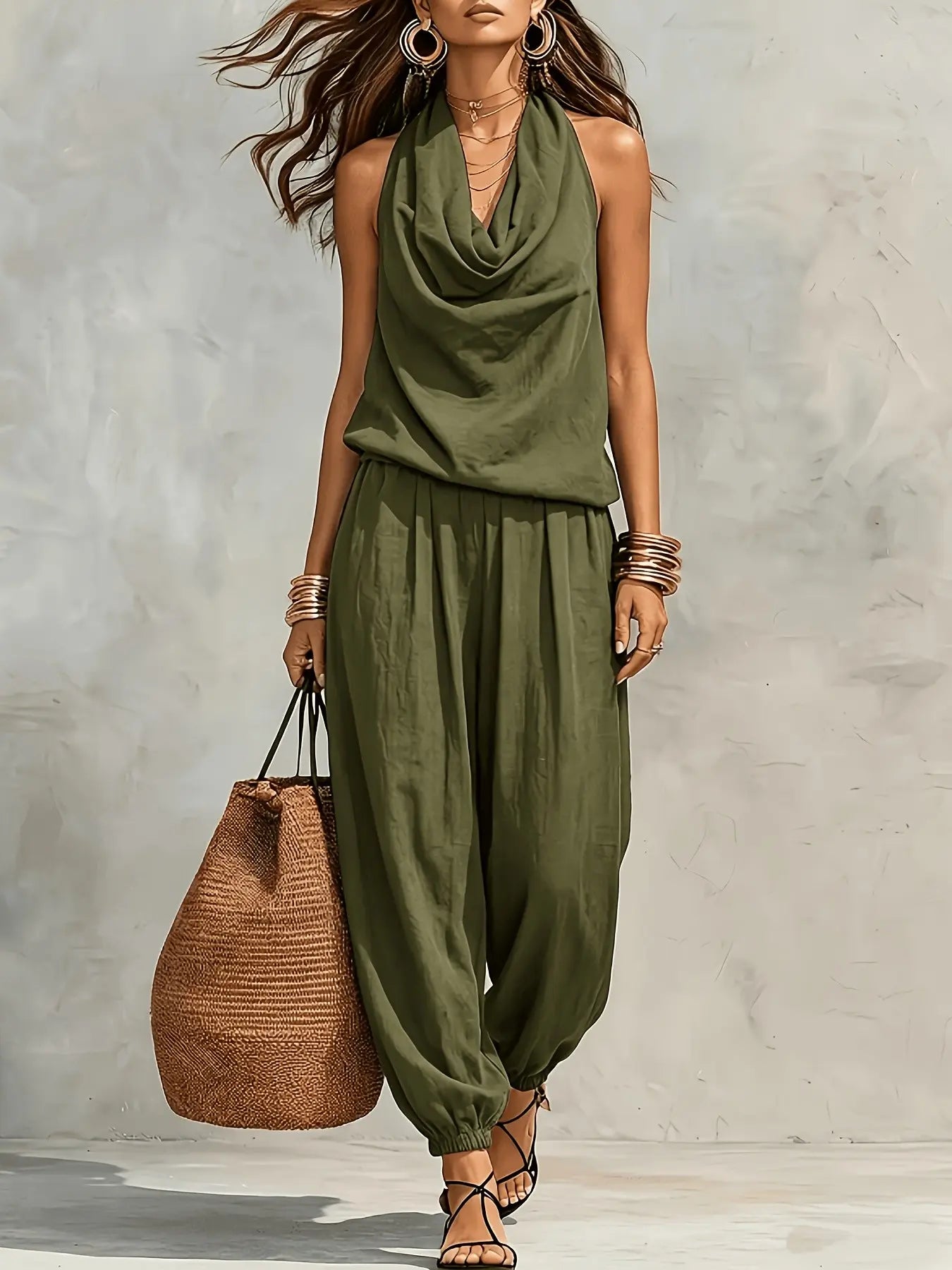 Women's Halter Neck High-Waisted Wide-Leg Pants Set, Loose Sleeveless Breathable Two-Piece, Casual Summer Fashion