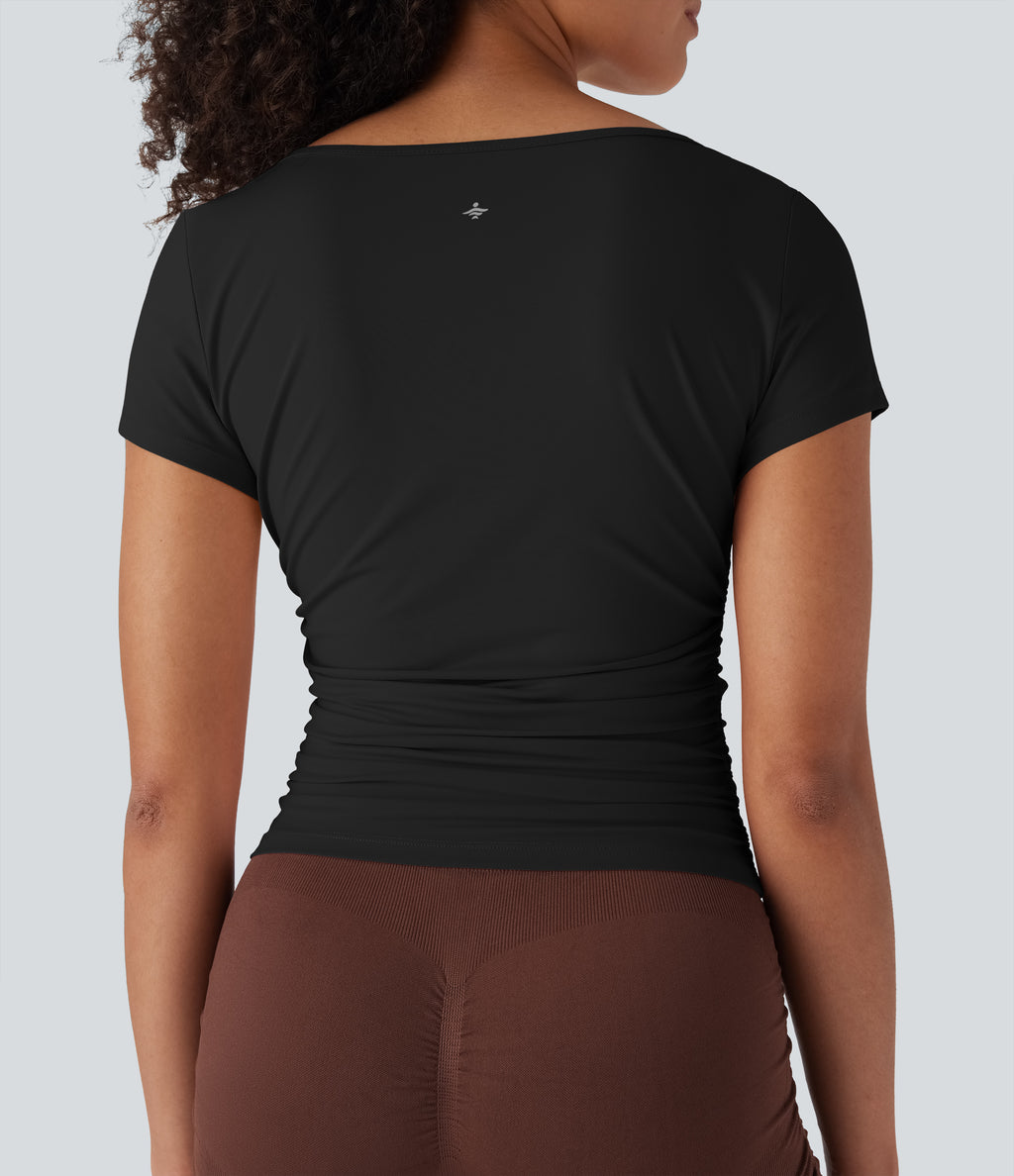 Cowl Neck Short Sleeve Ruched Yoga Top