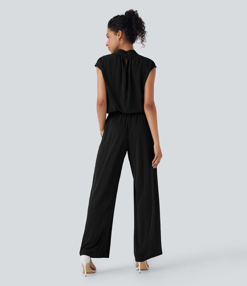 Mock Neck Keyhole Back Cap Sleeve Wide Leg Work Jumpsuit with Pockets