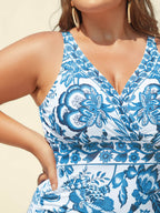 Two-Piece Floral Print Ruched Mesh Swimsuit, Sarong