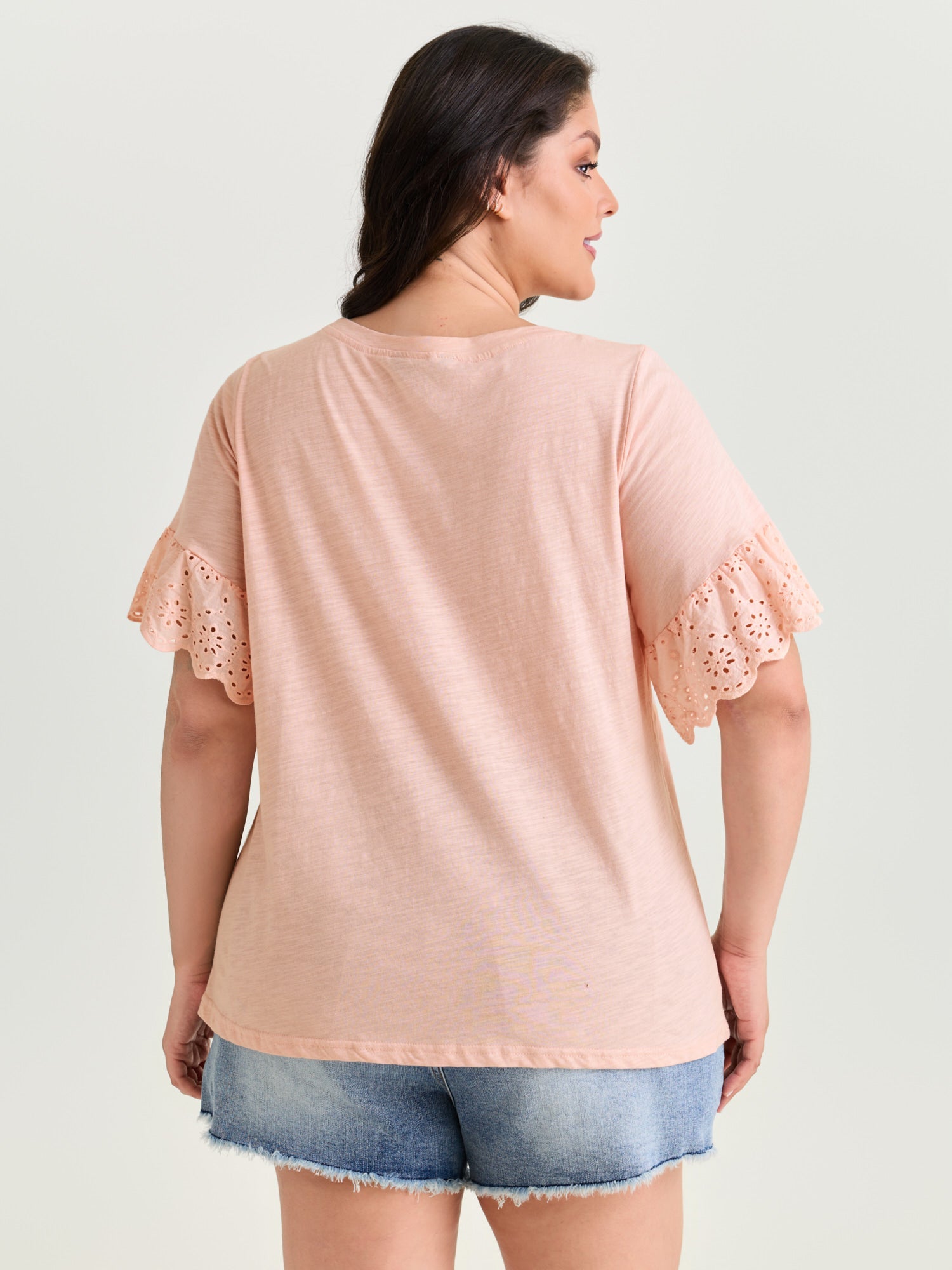 Cotton Lace Sleeve Relaxed-Fit T-Shirt