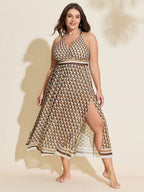 Geometric Print Sheer Split Hem One-Piece Swimsuit