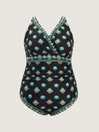 Geometric Print Pleated Tummy-Control One-Piece Swimsuit
