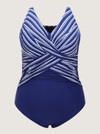 Striped Print Color Contrast One-Piece Swim