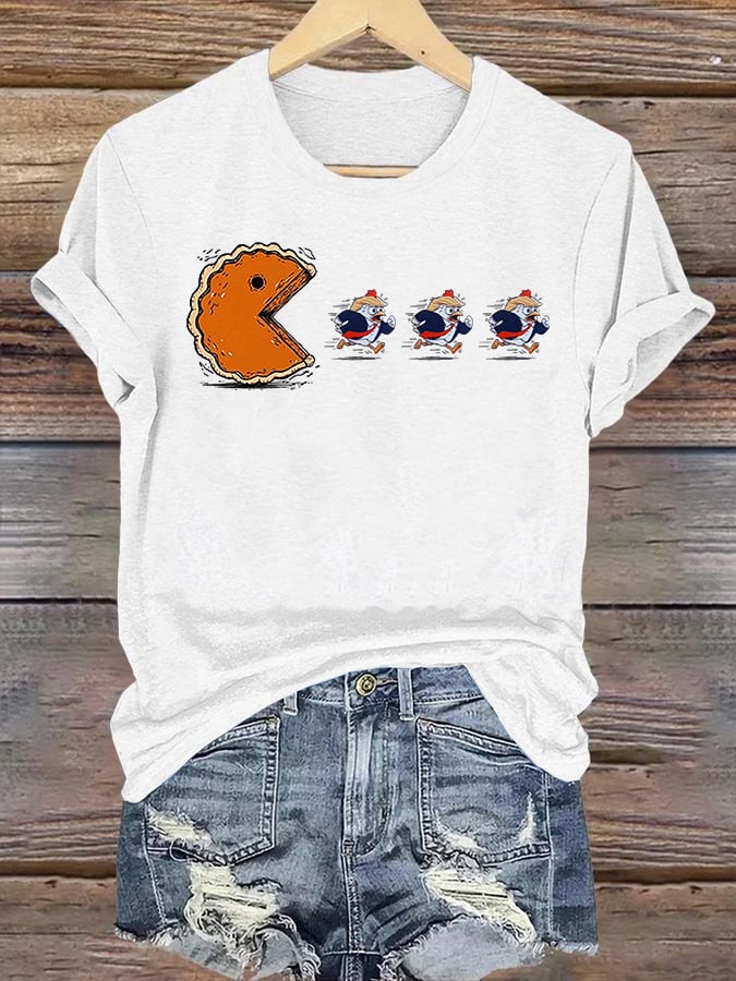 Women's  Funny Turkey Chasing Pie Sublimation FDT Thanksgiving  T-Shirt