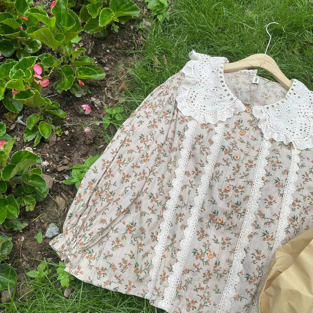 Eyelet Lace Collar Floral Shirt