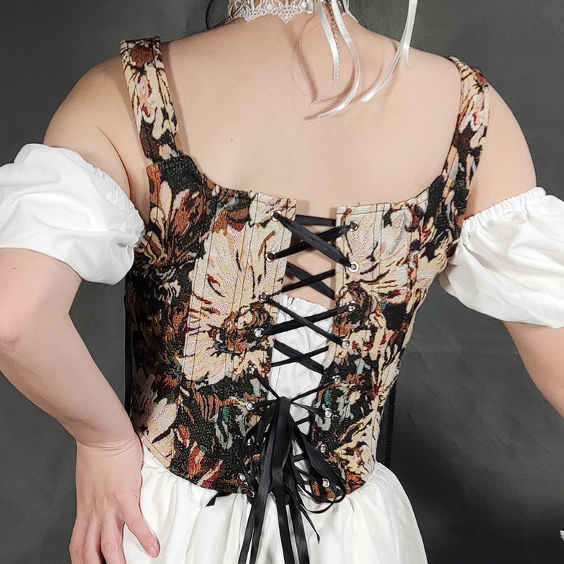 Vintage Jacquard Lace Up Corset Bustier
