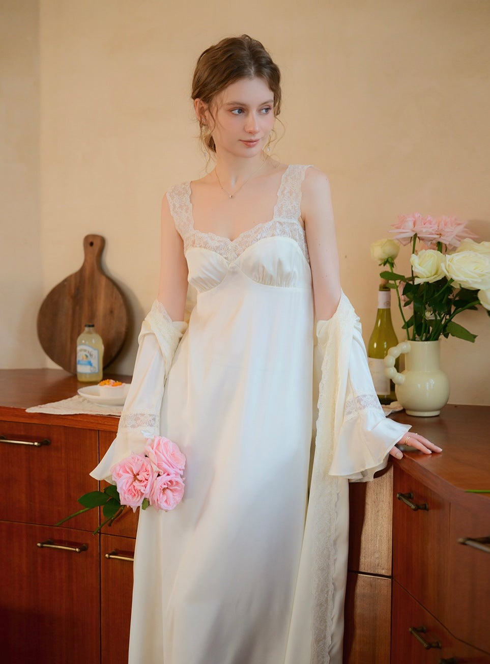 Lace Satin Built In Bra Nightgown 2pcs Set