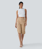 Mid-Rise Ruched Cargo Quick-Dry Casual Pedal Pusher Pants with Pockets