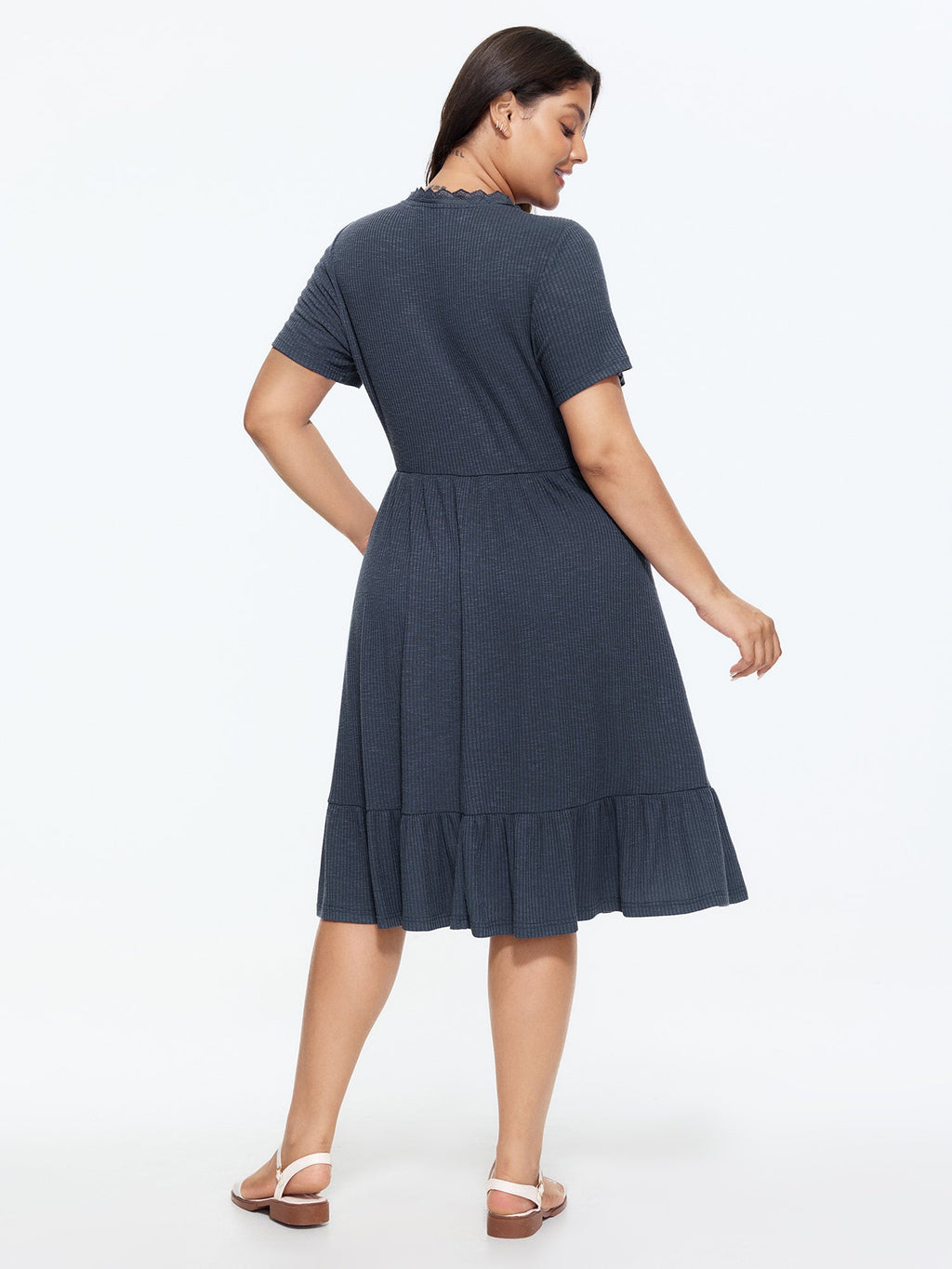 Supersoft Lace Trim Ribbed Wrap Neckline Midi Dress