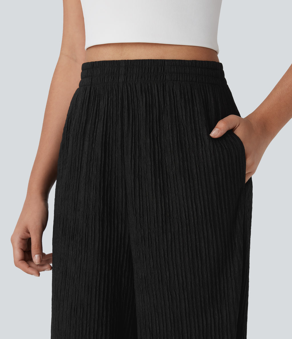 High Waisted Straight Leg Crinkle Casual Pants with Pockets
