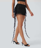 Sheer Low Rise 2-in-1 Lace Tie Side Lettuce Trim Mini Skirt