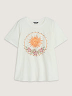Cotton Sunshine Floral Print Rhinestone T-Shirt