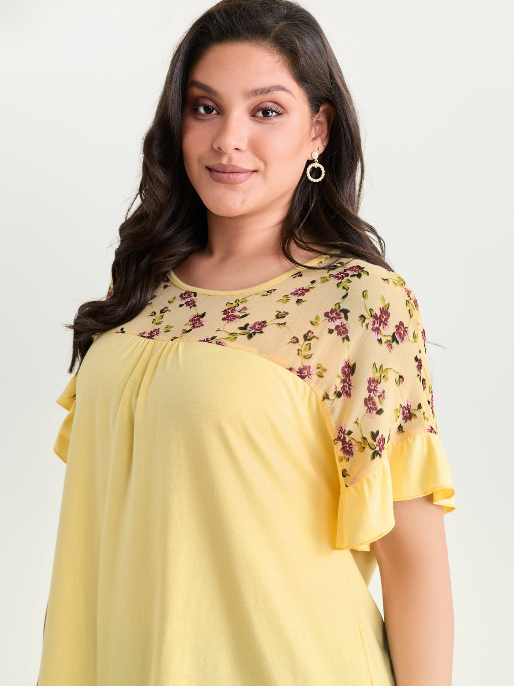 Sheer Floral Print Contrast Knit Top