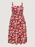 Floral Print Shirred Waist Drawstring Midi Dress