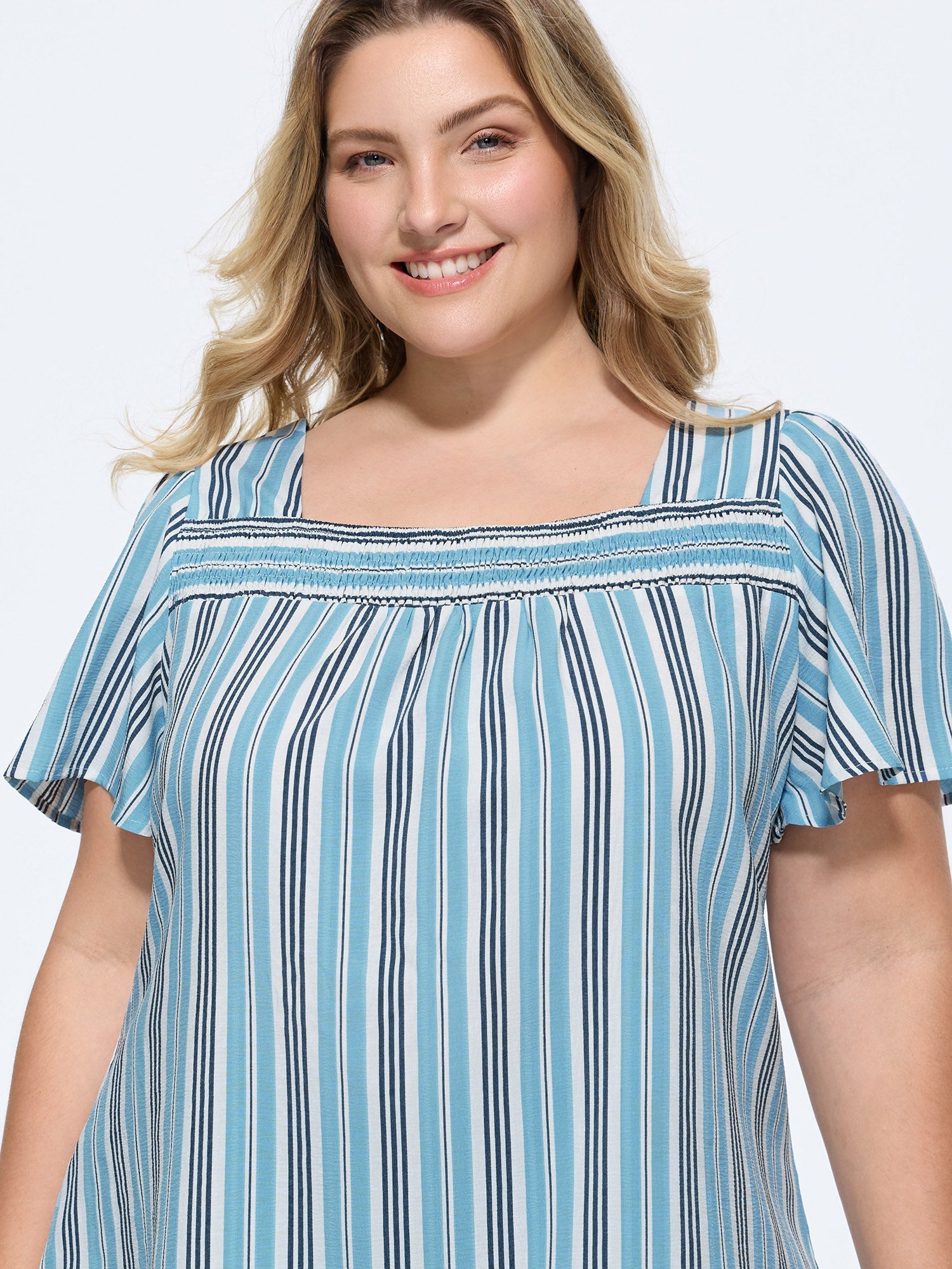 Striped Print Shirred Neckline Blouse