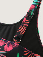 Vibrant Tropical Floral Print Pockets Swim Dress