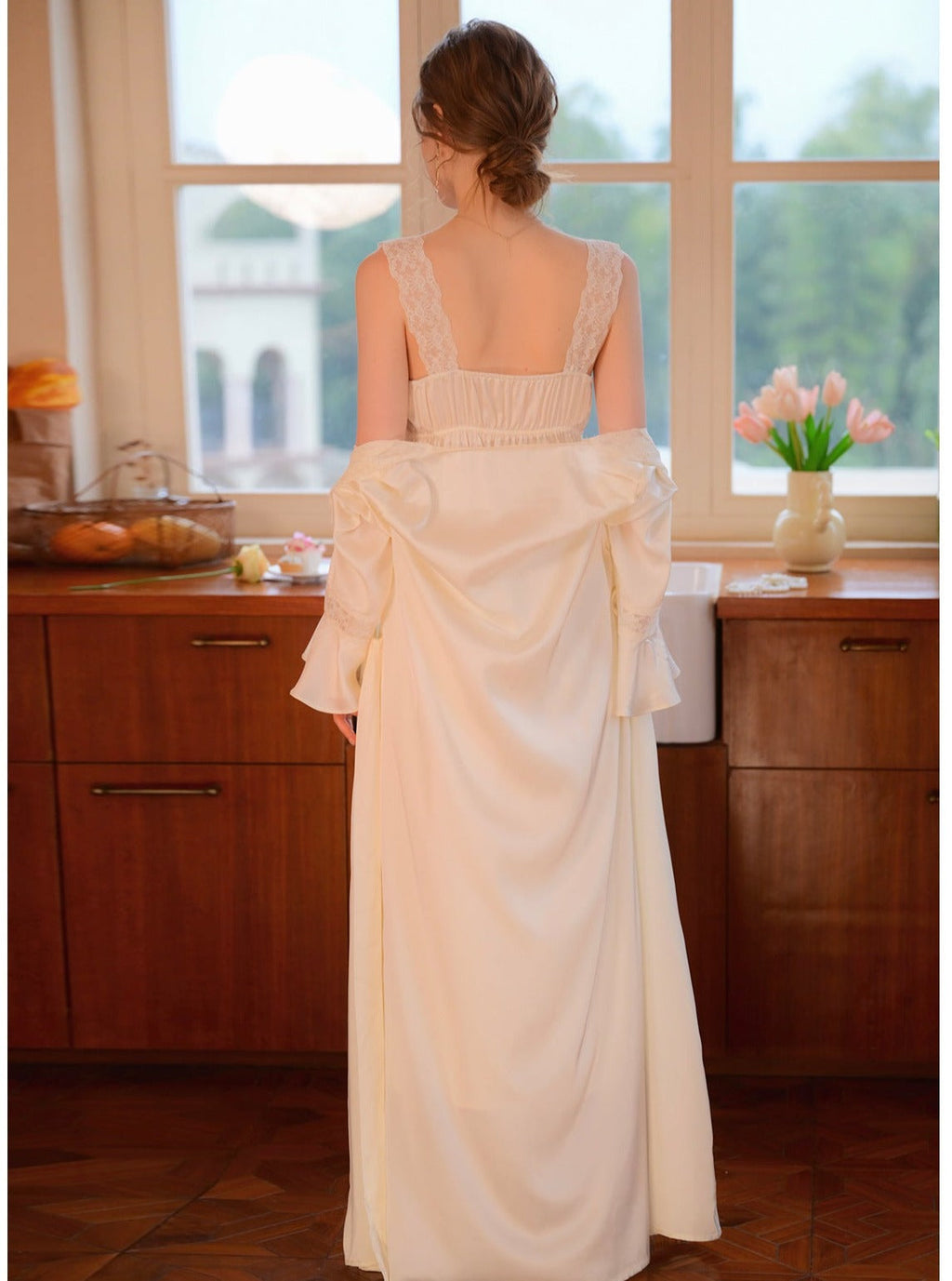 Lace Satin Built In Bra Nightgown 2pcs Set