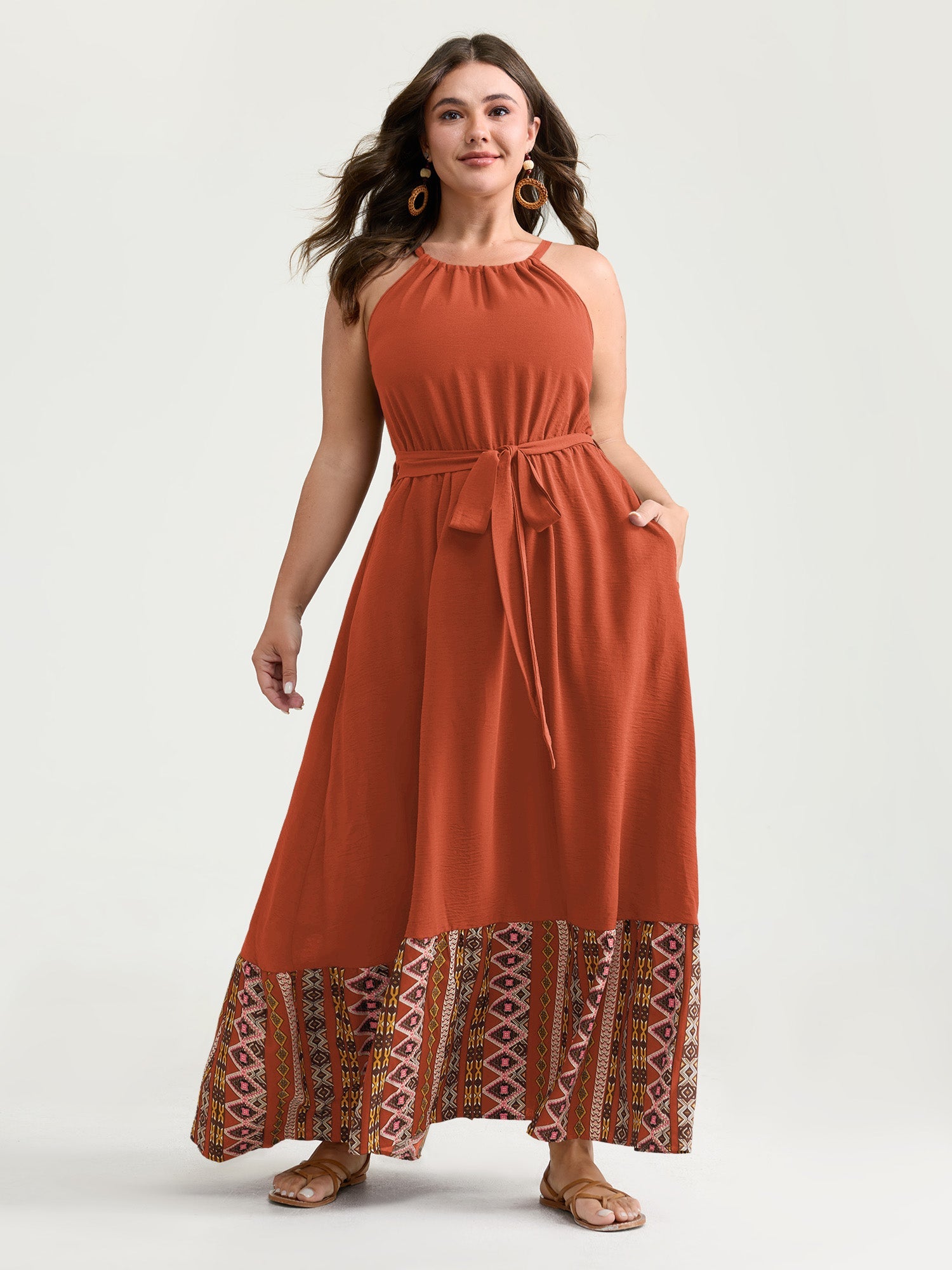 Colorful Boho Striped Hem Halter Neck Maxi Dress