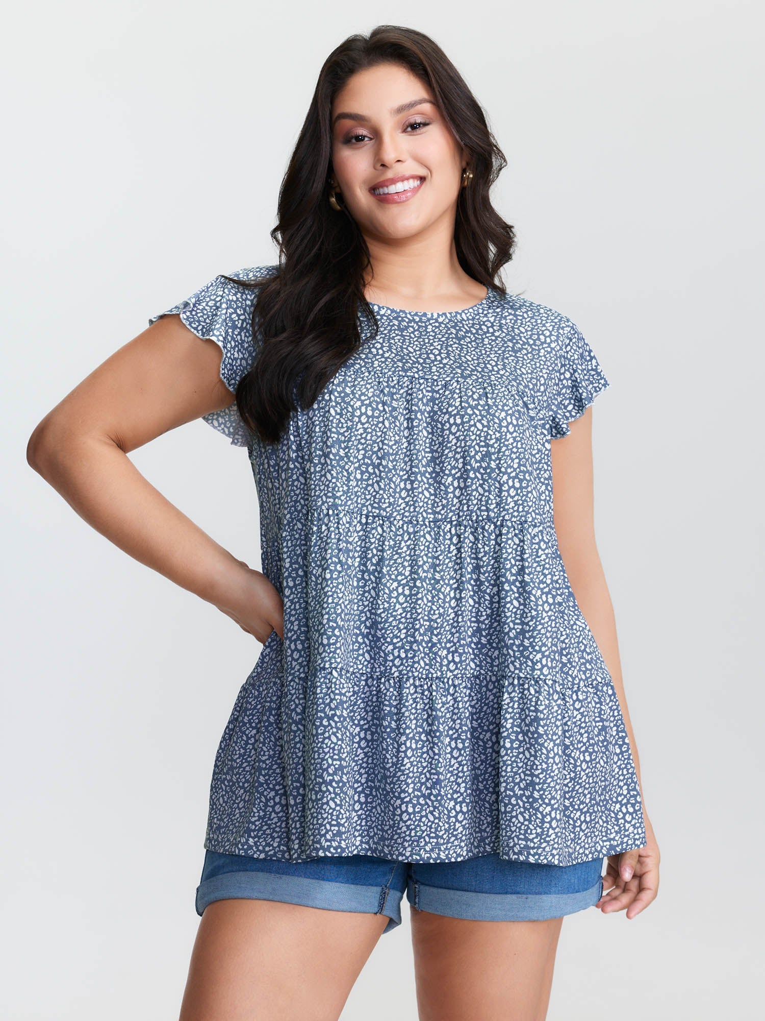 Leopard Print Tiered Flutter Sleeve Knit Top