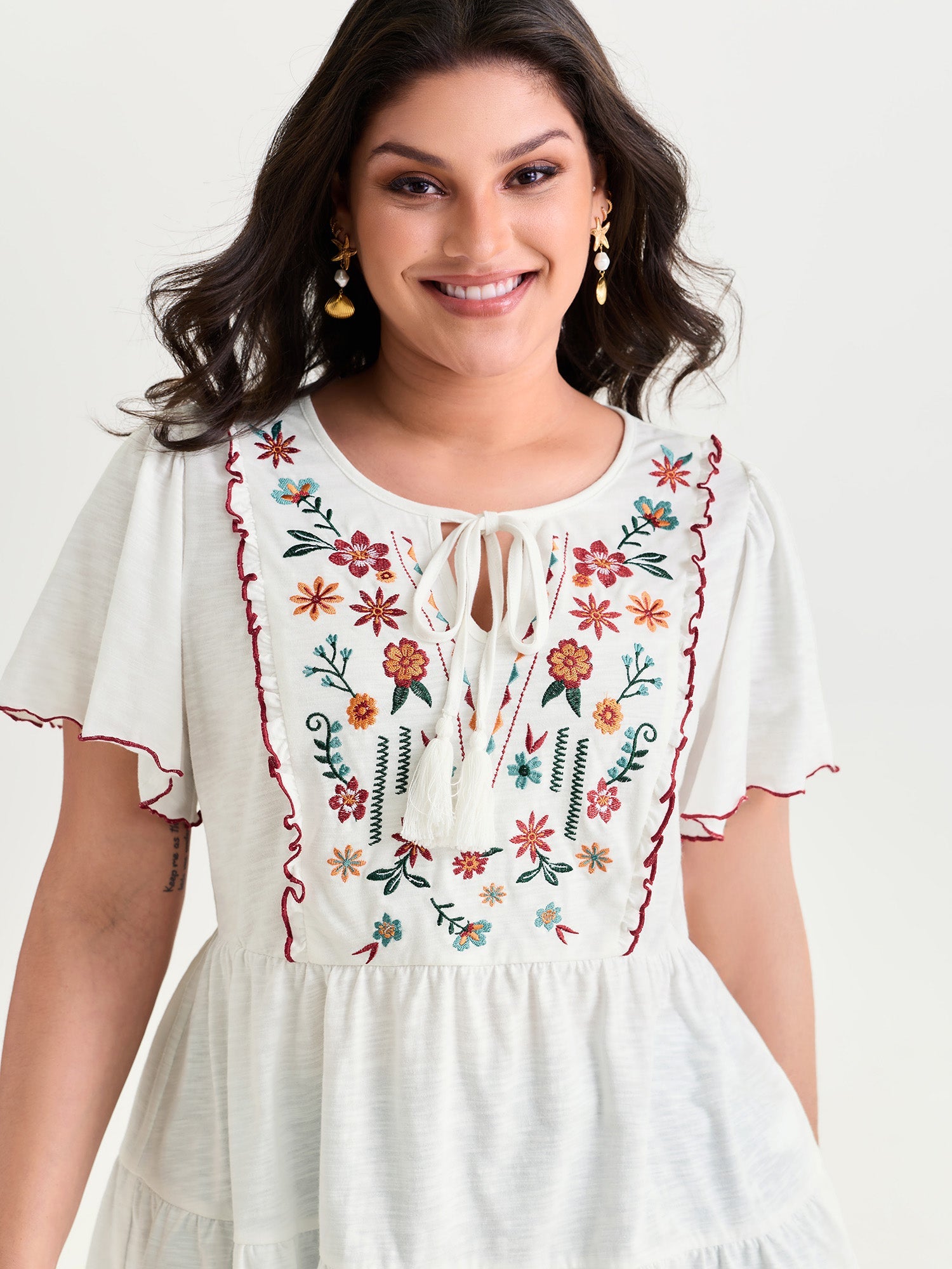 Supersoft Floral Embroidered Tassels T-Shirt