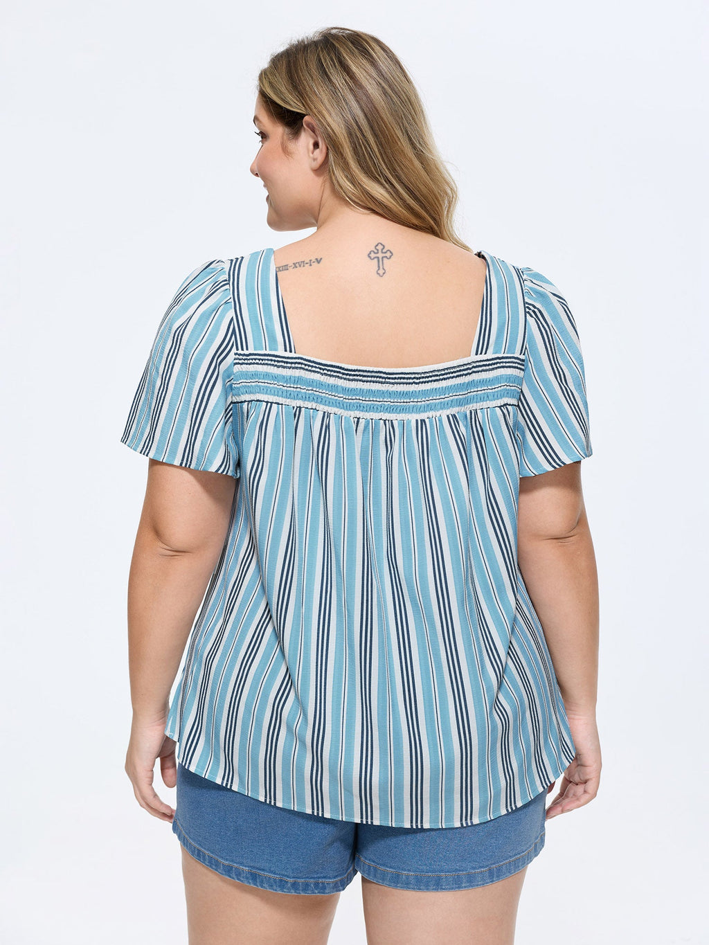 Striped Print Shirred Neckline Blouse