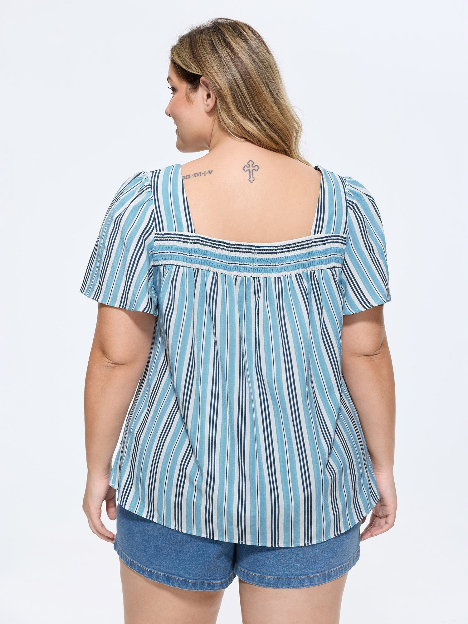Striped Print Shirred Neckline Blouse