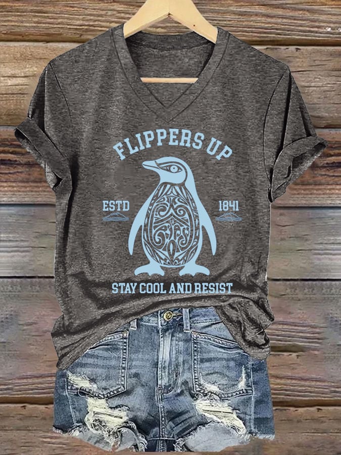 🔥Buy 3 Get 15% Off🔥Women's Penguins Flippers Up Printed V Neck T-shirt