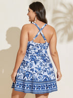 Boho Print Ruched Pockets Swim Dress