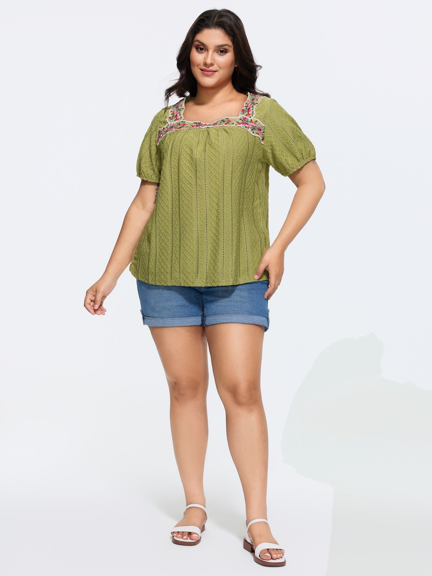 Eyelet Trim Floral Embroidered Solid T-Shirt