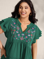Embroidered Neckline A-Line Ruffled Knee-Length Dress