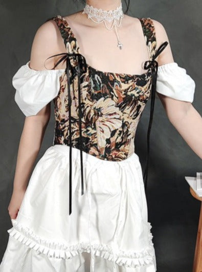 Vintage Jacquard Lace Up Corset Bustier