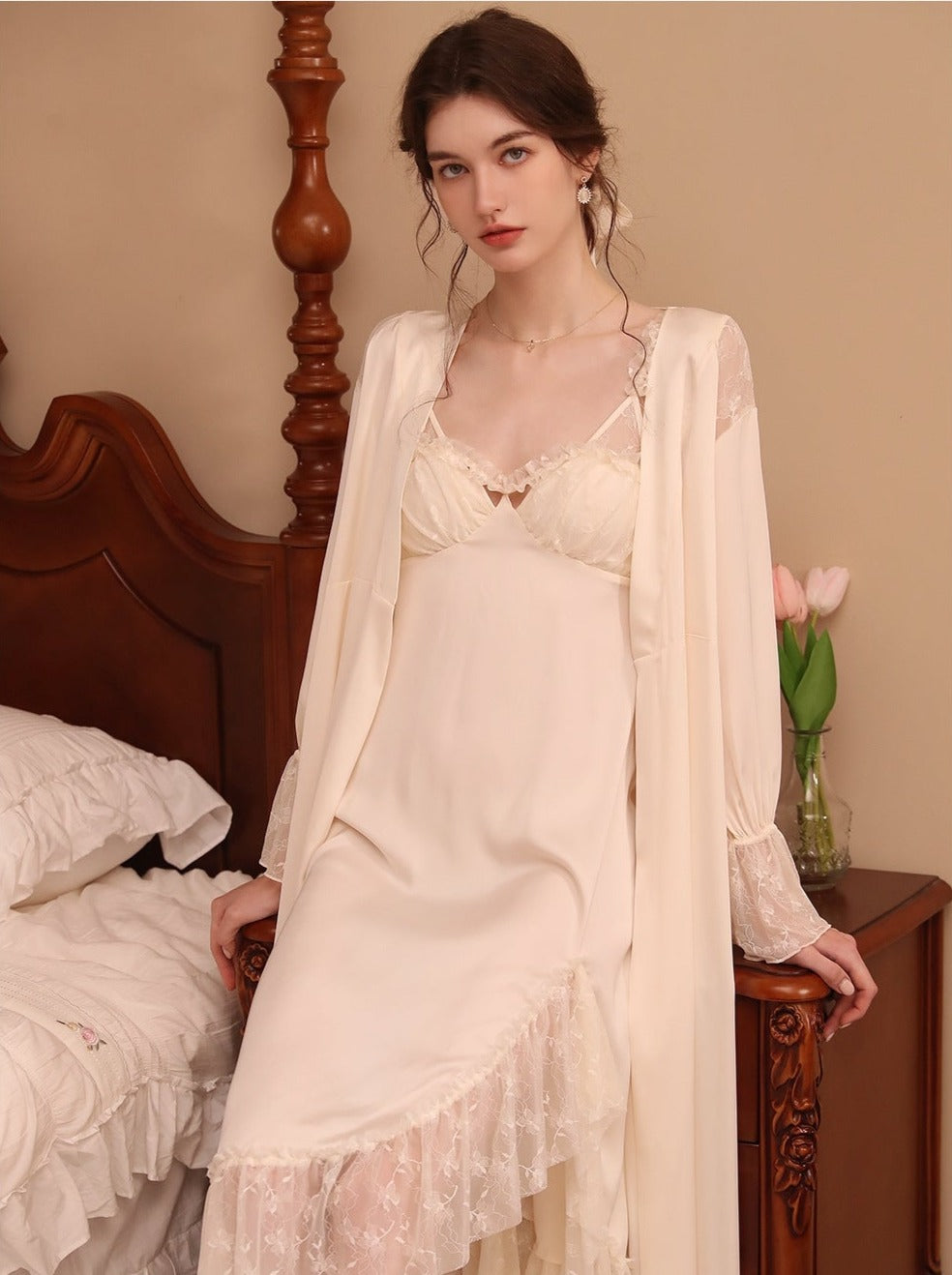 French Style Silky Cardigan + Lace Sleep Gown 2pcs Set