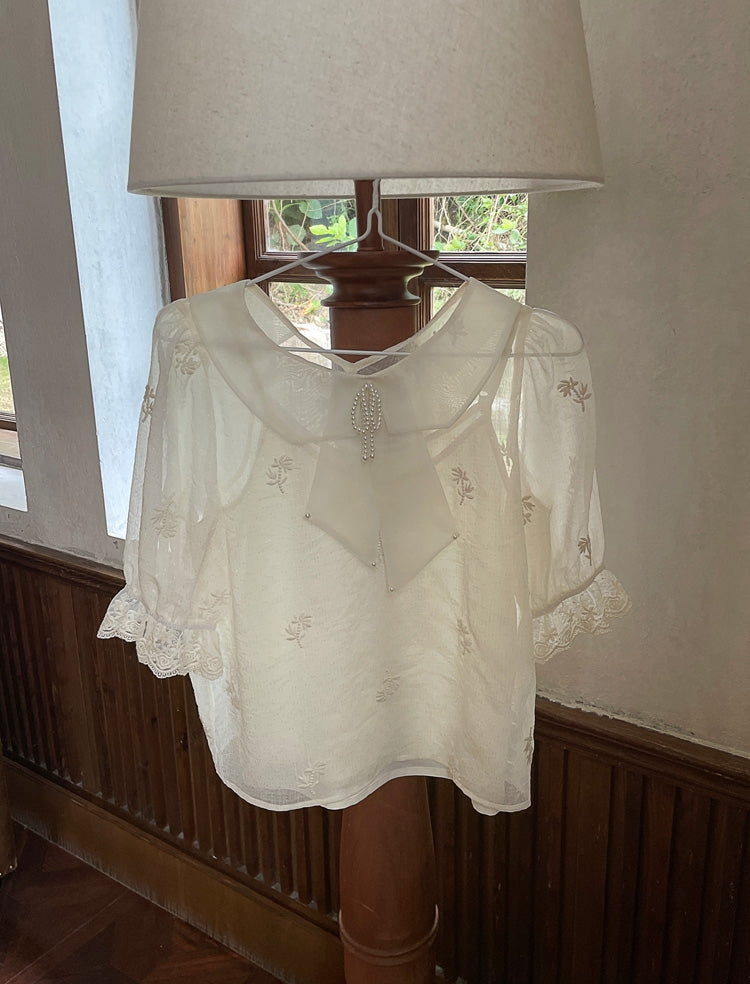 Embroidered Chiffon Shirt + High Waist Pinafore Skirt