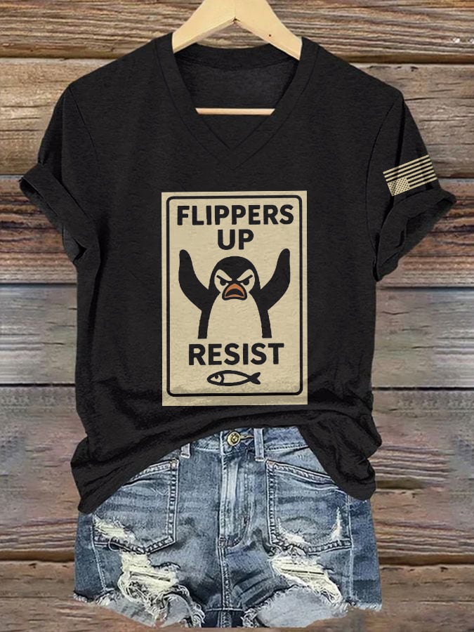 🔥Buy 3 Get 15% Off🔥V-Neck Retro Flippers Up Penguins Resist Tariffs Print T-Shirt
