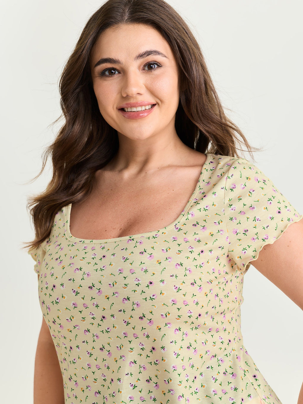 Stretchy Floral Print Square Neckline T-Shirt