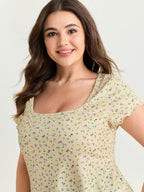Stretchy Floral Print Square Neckline T-Shirt