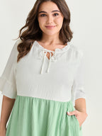 Colorblock Drawstring Neckline Tiered Mini Dress