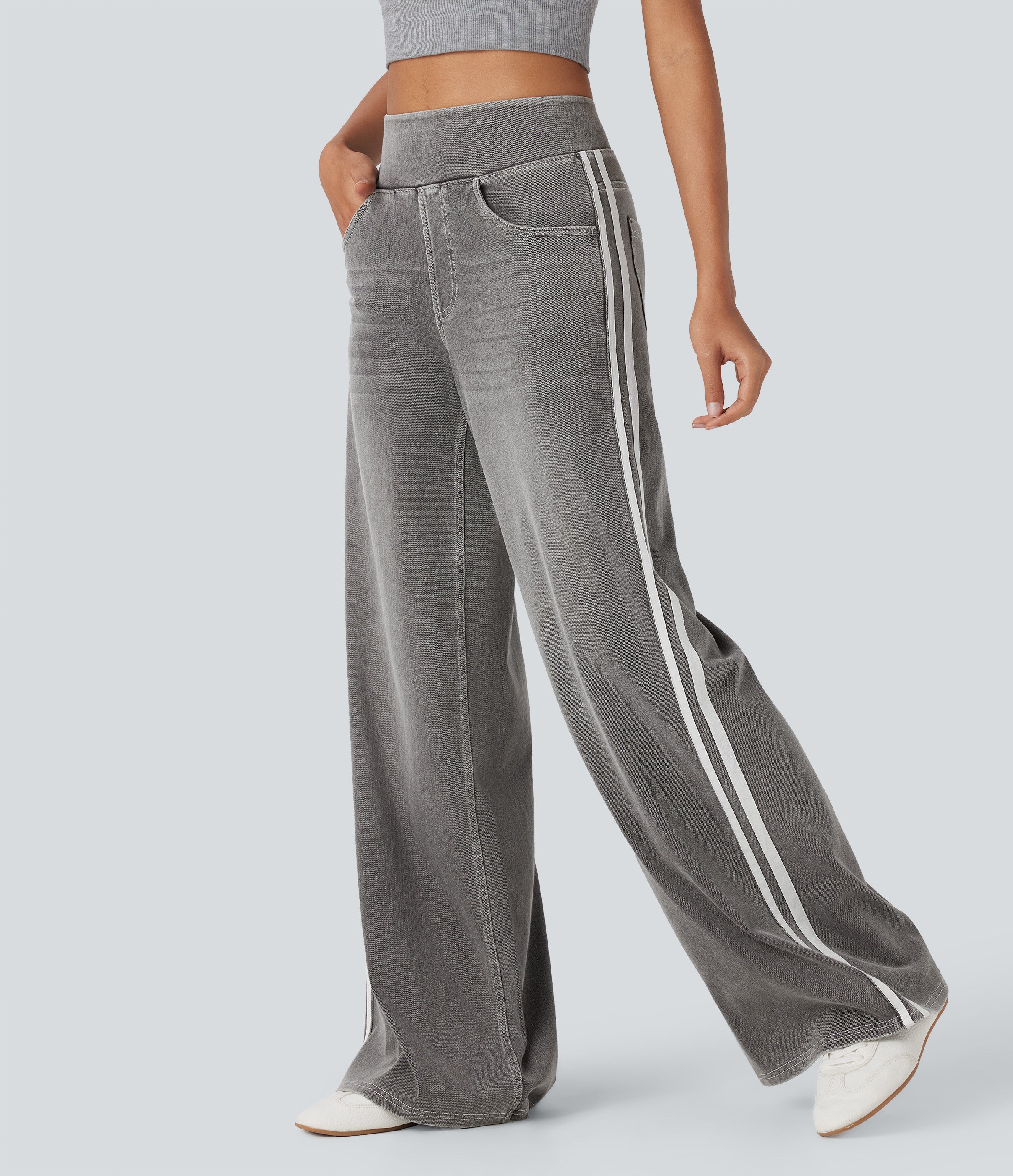 FlexTM High Waisted Stripe Wide Leg Flowy Washed Casual Jeans with Pockets