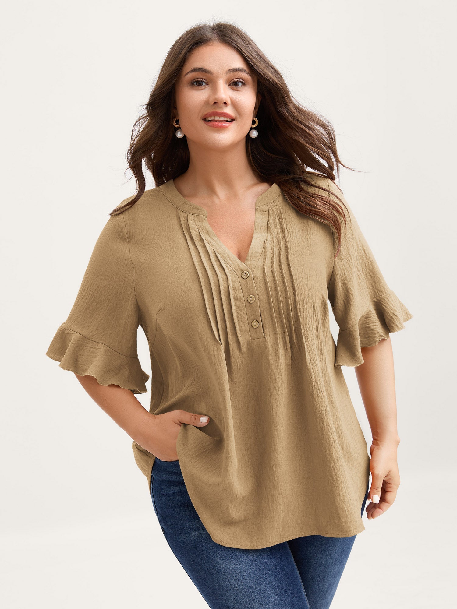 Toothpick Pleats Ruffled Sleeve Solid Blouse