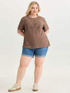 Cotton Star Print Round Neck Curvy Hem T-Shirt