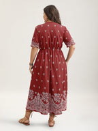 Floral Waist-Tie Notched Collar Midi Dress