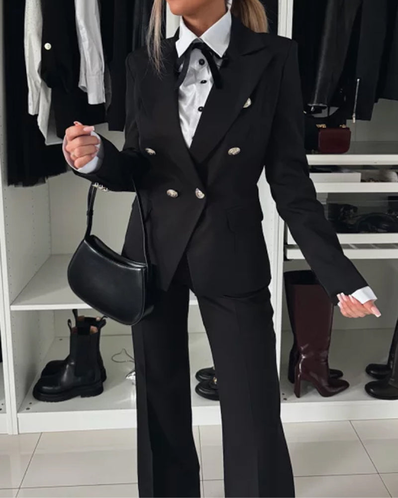 2 Pieces Outfit Notched Collar Double-Breasted Flap Detail Coat and Zipper Fly Elastic Back Waist Slim Fit Flared Pants Set Casual Blazer Set