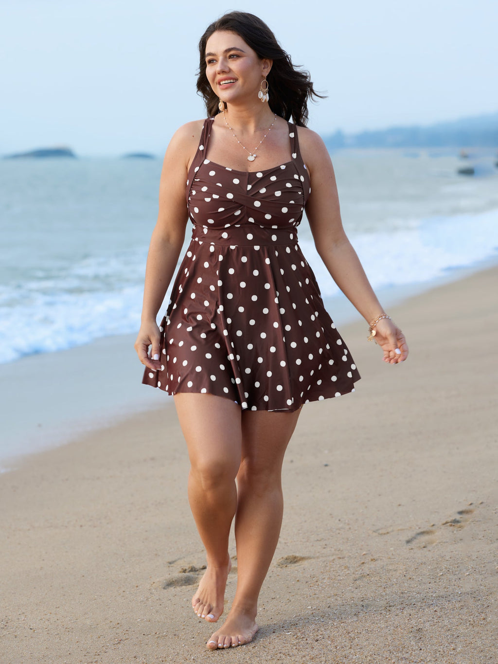 Twist-Front Polka Dots Swim Dress